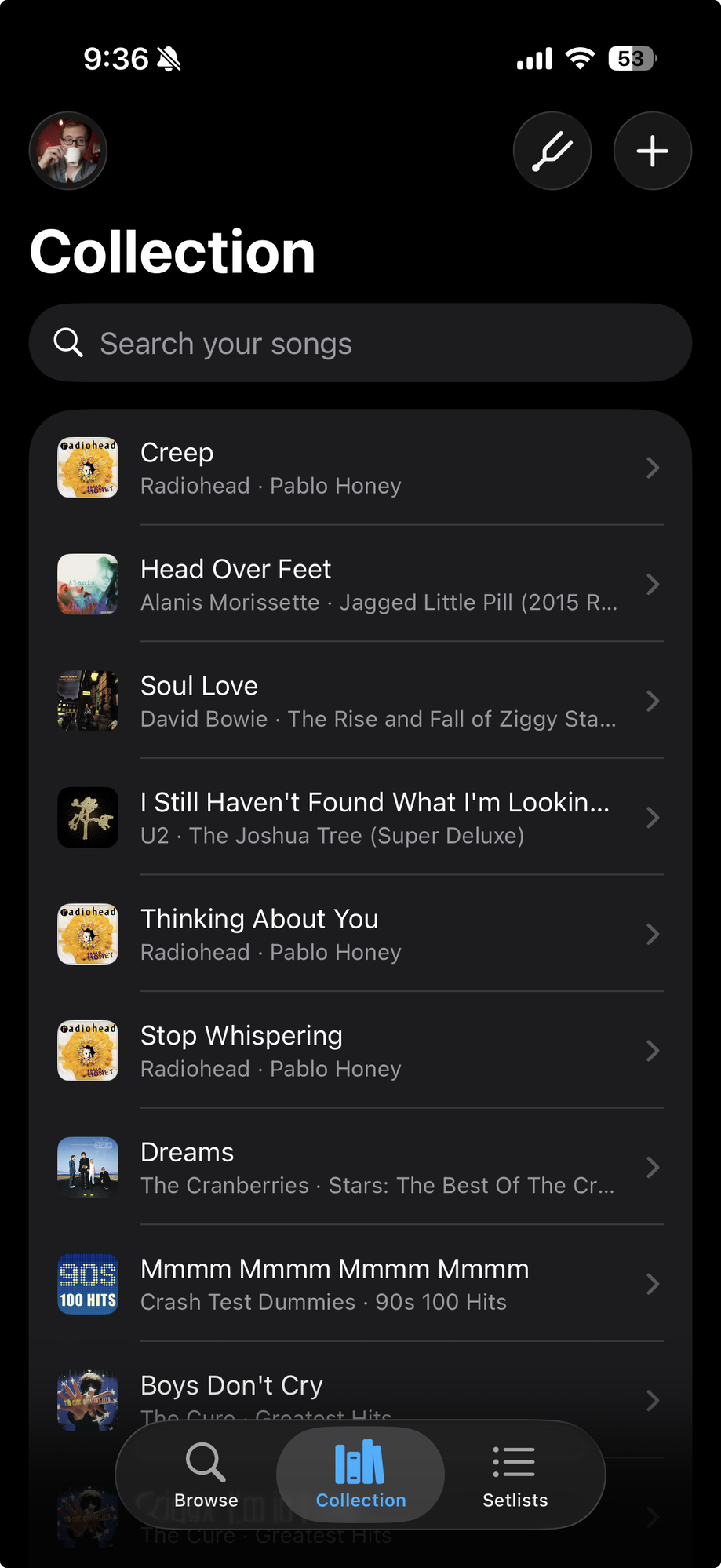 Bandmate — Collection screen showing a list of songs